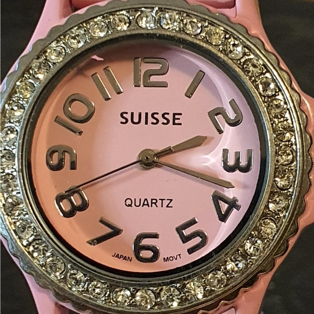 🦋10/$20🦋 Suisse P857 Silver/Pink Rhinestone Silicone Women's Watch